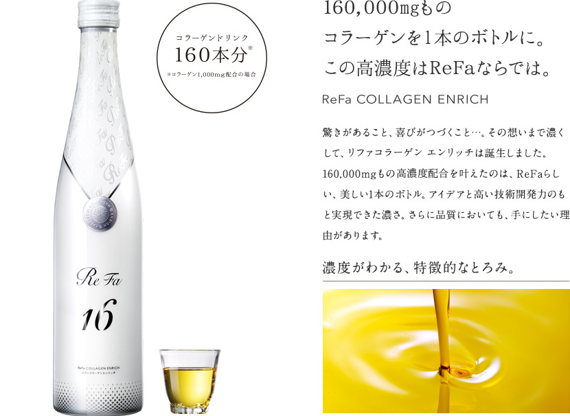 160,000mgものコラーゲンを1本のボトルに。この高濃度はReFaならでは。
